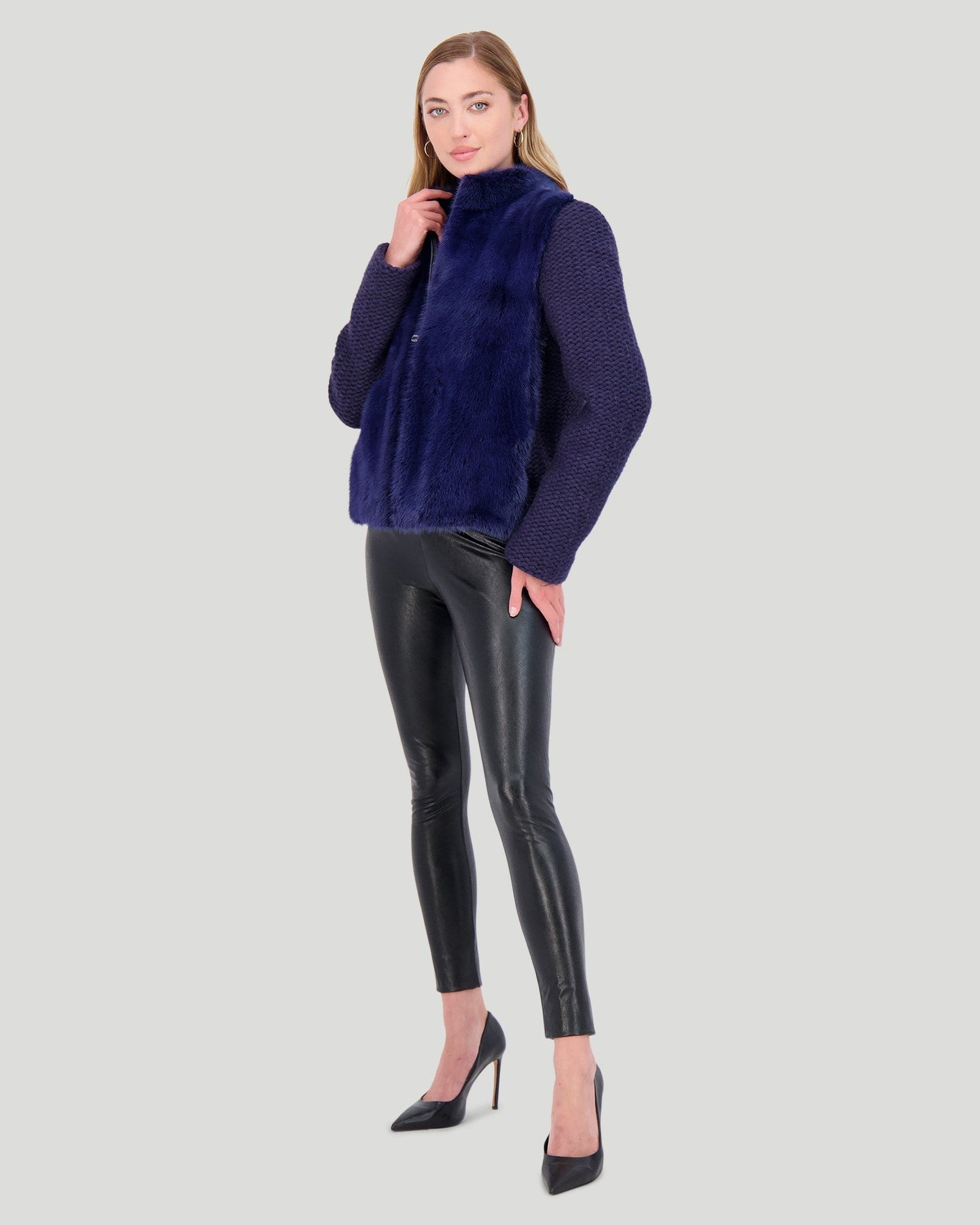 Knit Wool Jacket With Mink Front | Women | Admiral Blue (V1)