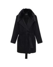 Loro Piana Cashmere & Wool Belted Jacket With Detachable Toscana Shearling Lamb Trim | Women | Black x Black