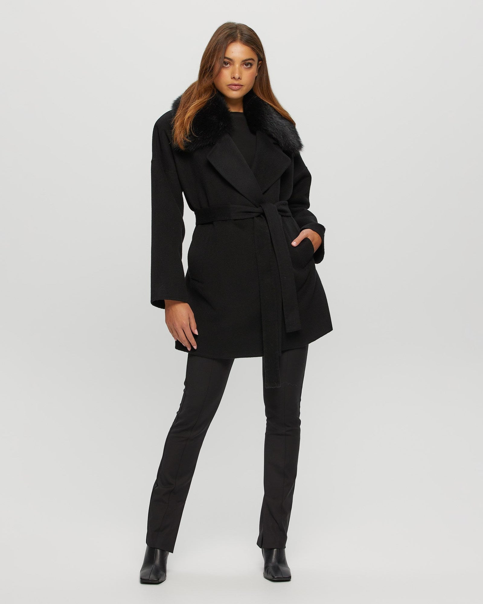 Loro Piana Cashmere & Wool Belted Jacket With Detachable Toscana Shearling Lamb Trim | Women | Black x Black