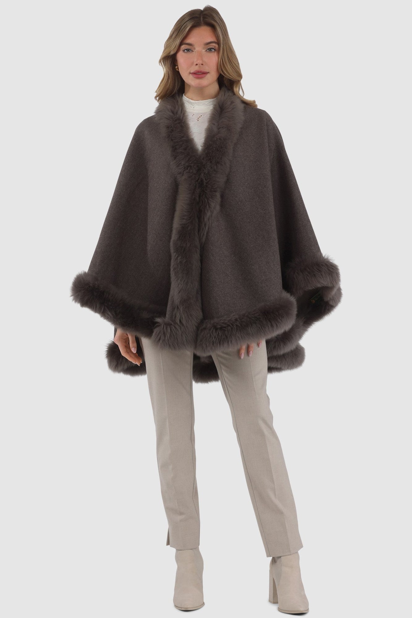 Loro Piana Cashmere & Wool Cape With Merinillo Shearling Lamb Trim | Women | Brown x Light Brown