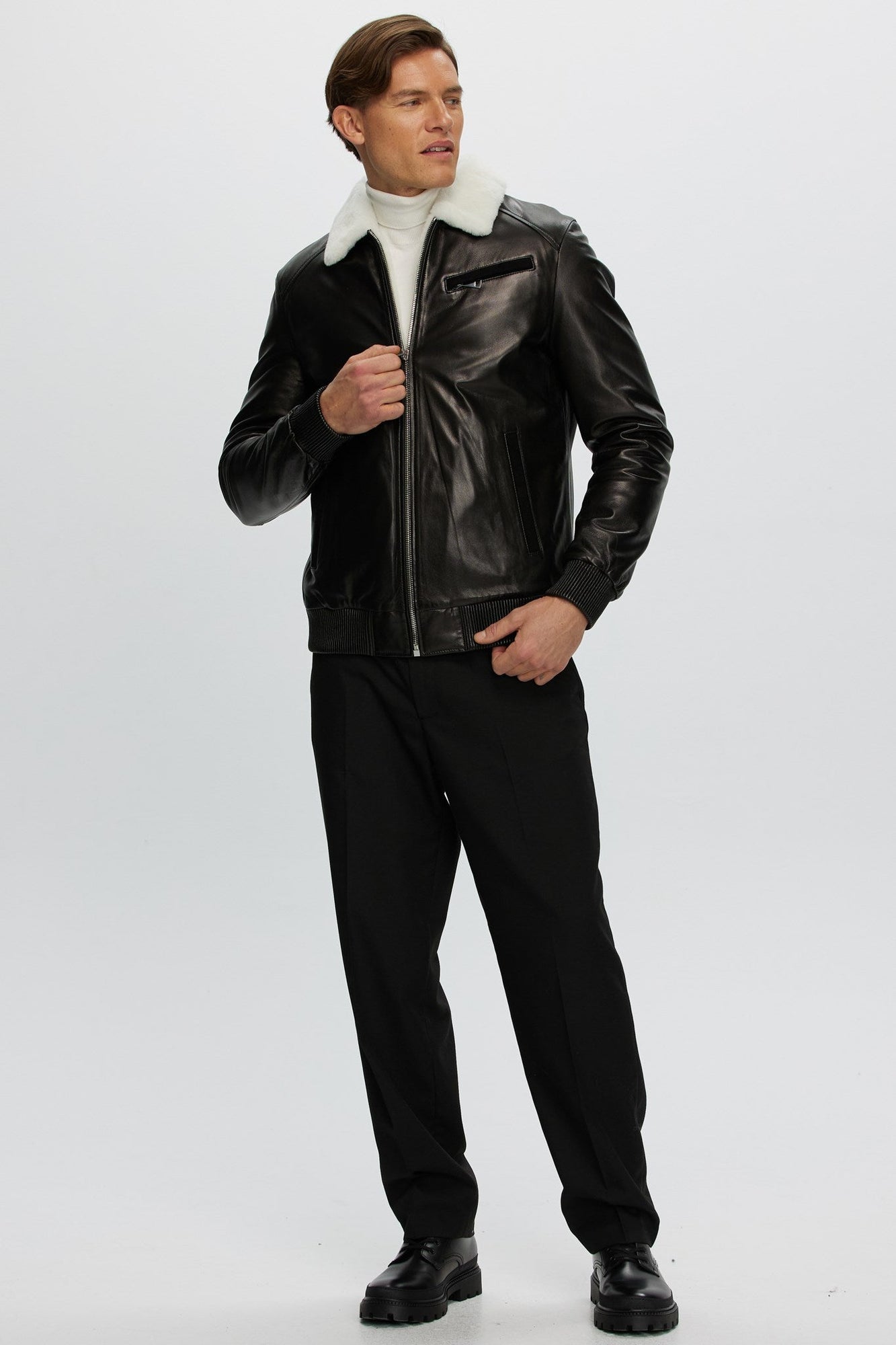 Leather Jacket With Shearling Lamb | Men | Black x White