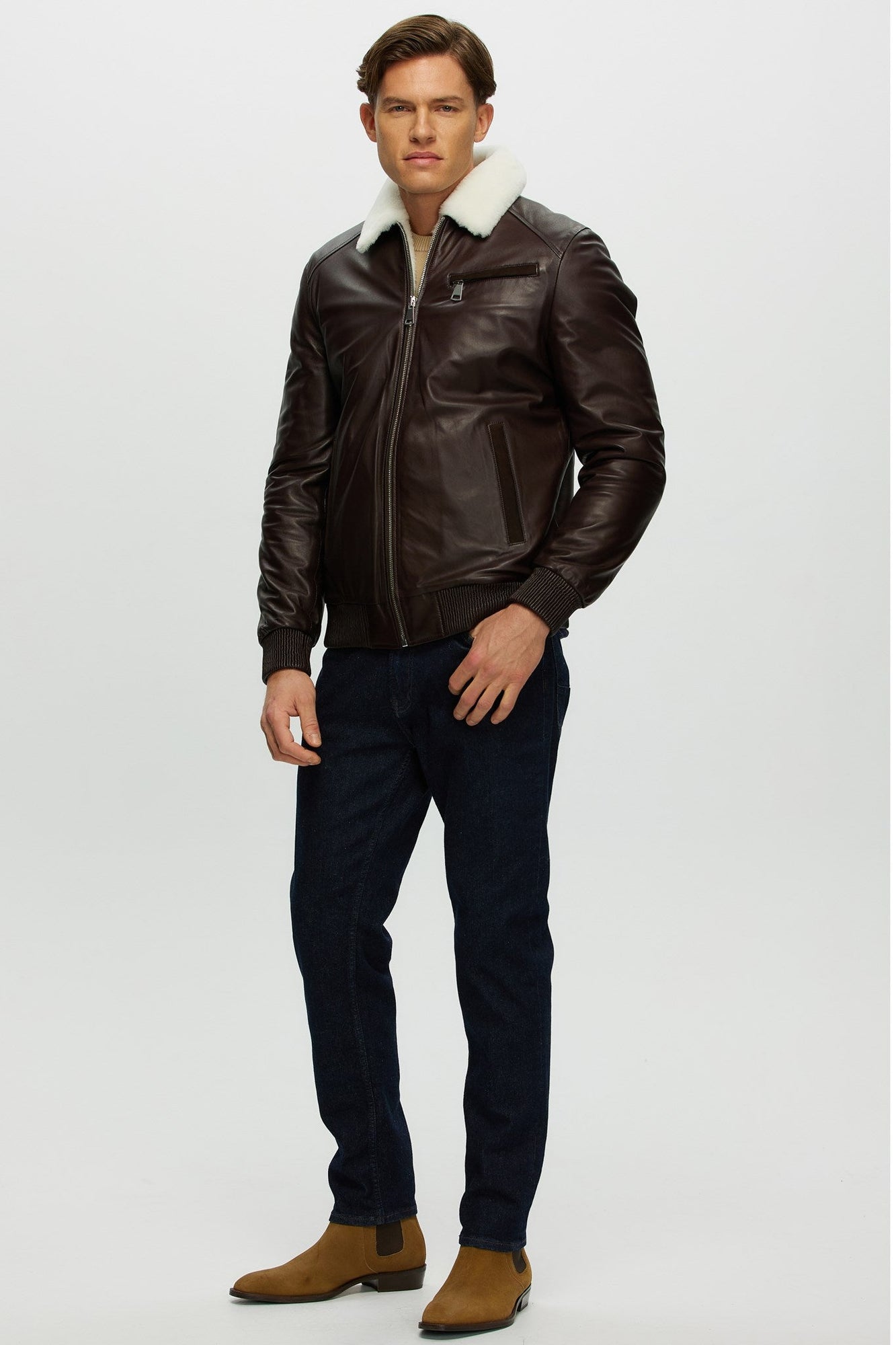 Leather Jacket With Shearling Lamb | Men | Brown