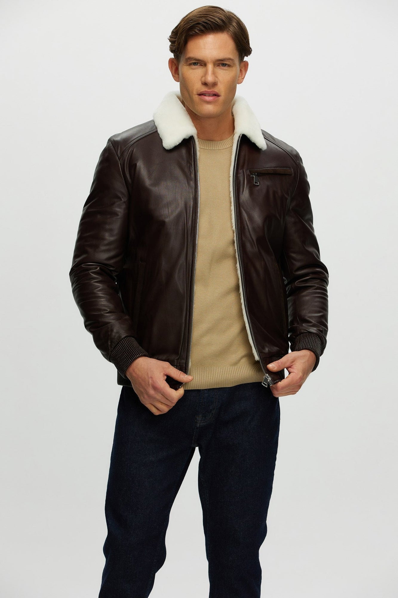 Leather Jacket With Shearling Lamb | Men | Brown