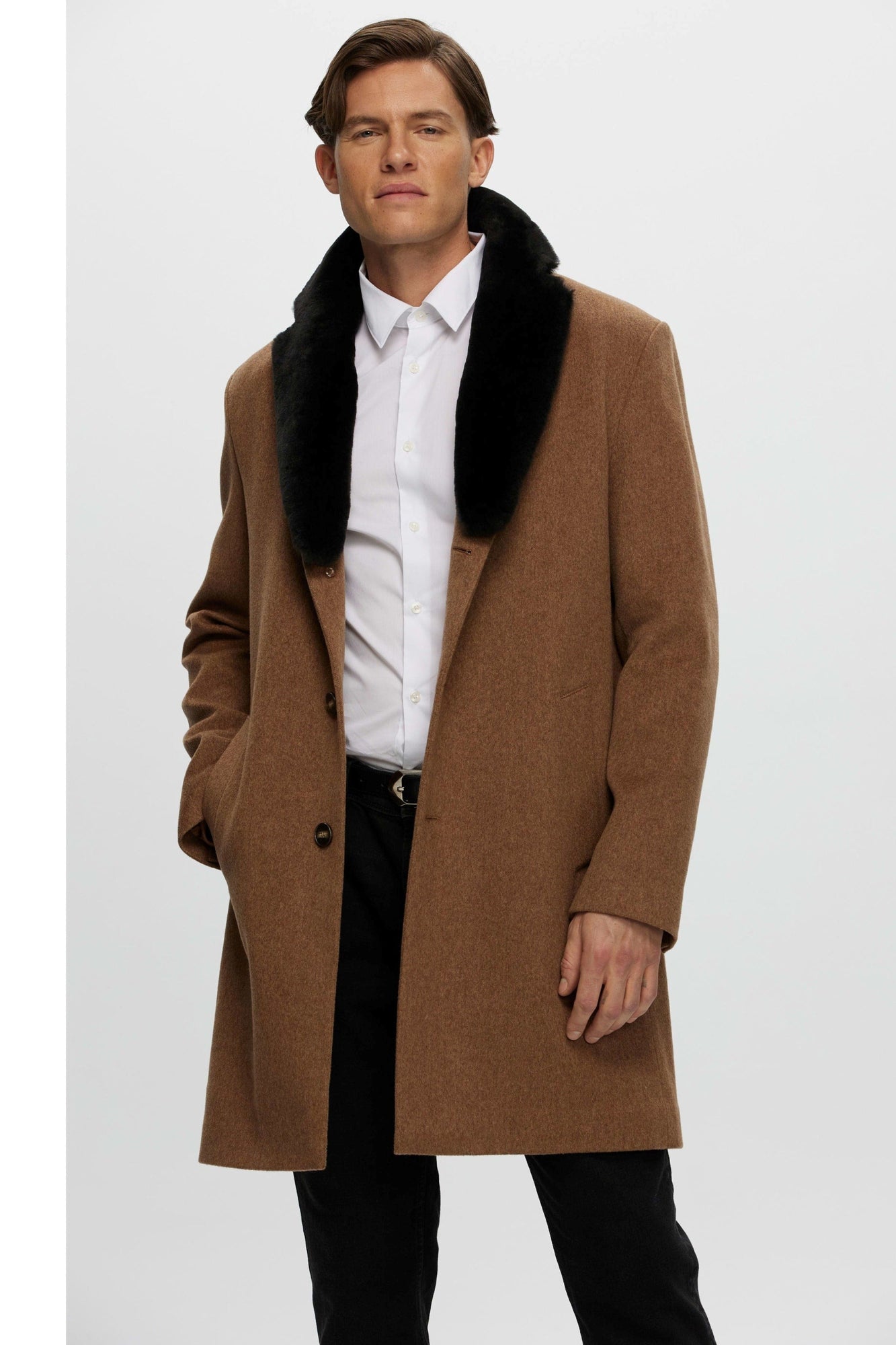 Loro Piana Wool Short Coat With Select Shearling Lamb Collar | Men | Camel