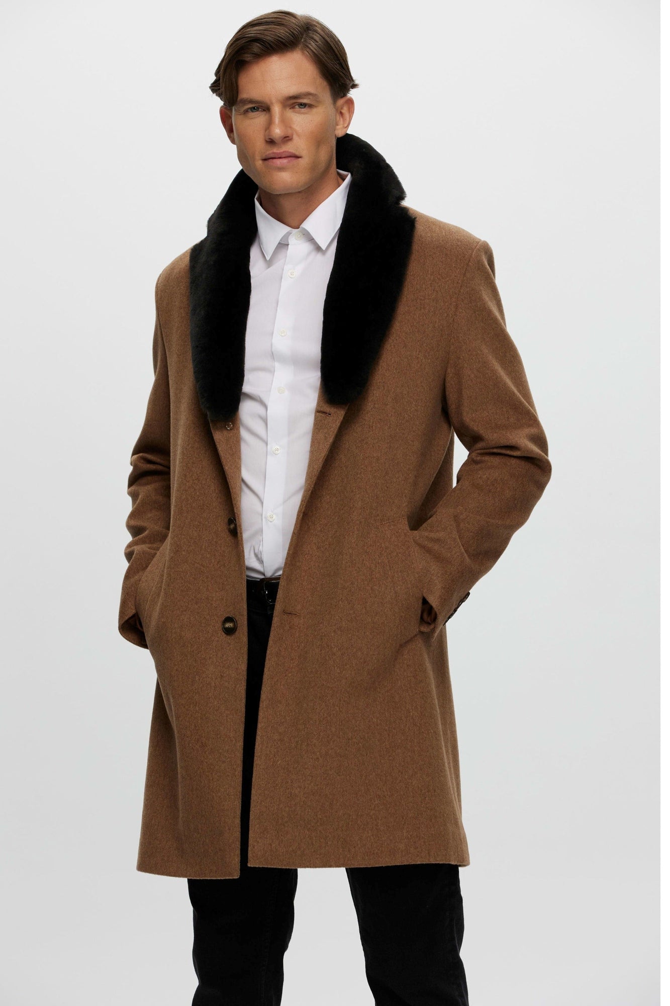 Loro Piana Wool Short Coat With Select Shearling Lamb Collar | Men | Camel