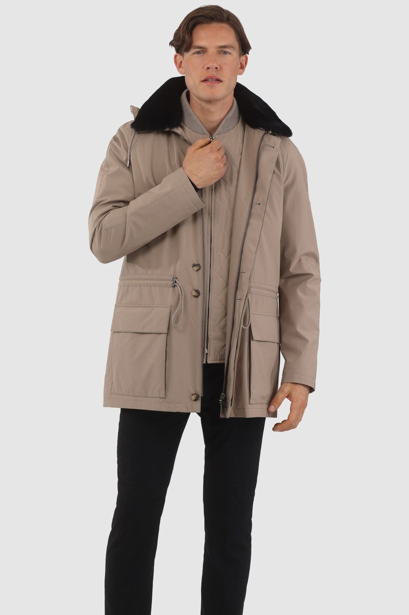 Parka With Detachable Select Shearling Lamb Collar And Detachable Vest (2 Pcs) | Men | Tan x Black