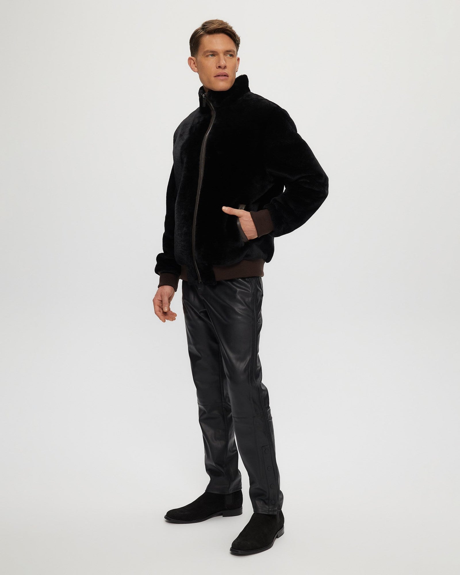 Select Shearling Lamb Bomber Jacket | Men | Black x Brown