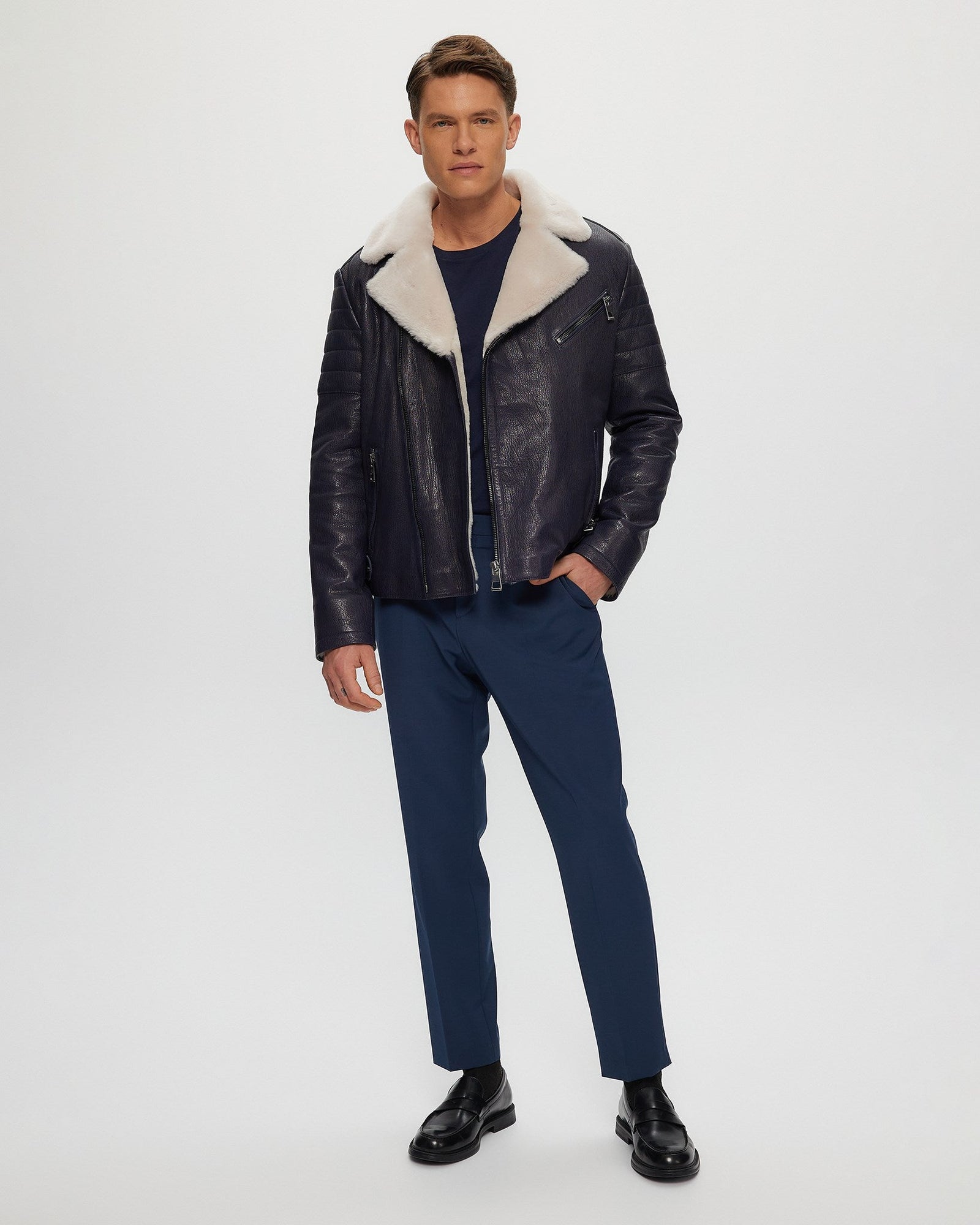 Mens Nappa Moto Jacket With Shearling Lamb Lining | Men | Navy x Beige