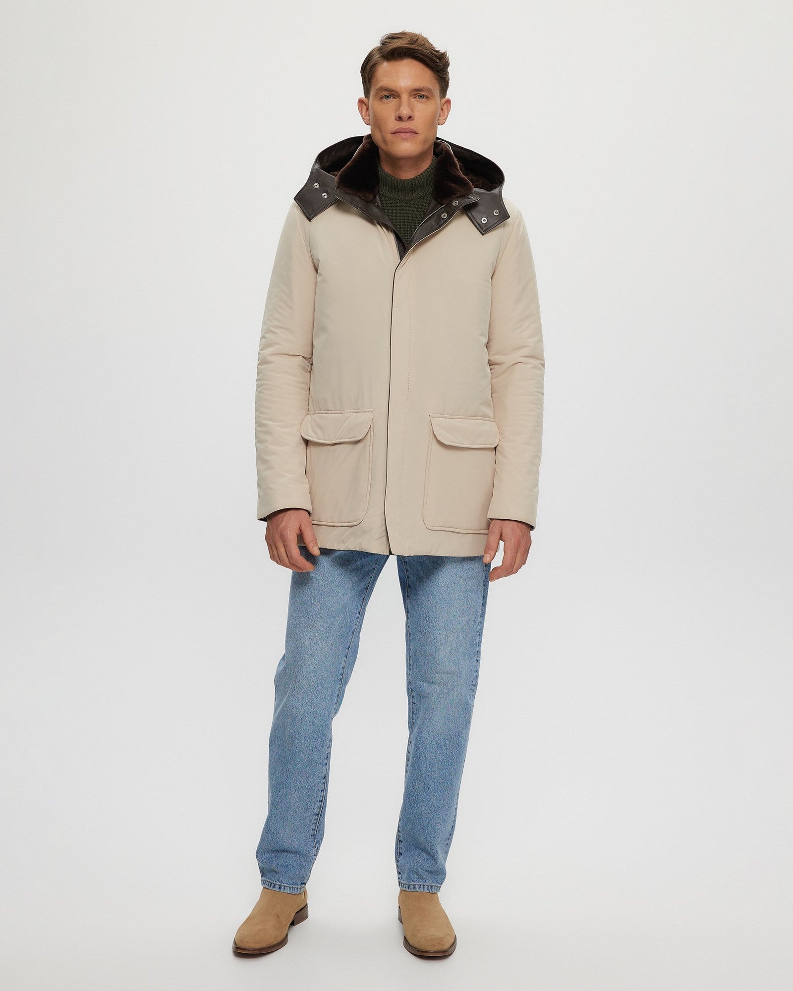 Select Shearling Lamb Lined Parka With Leather Trim And Detachable Select Shearling Lamb Collar And Hood | Men | Beige x Brown