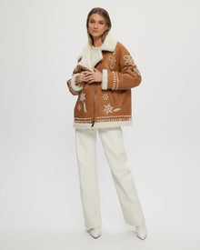 Merino Shearling Lamb Zip Jacket With Wool Embroidery | Women | White x Whiskey