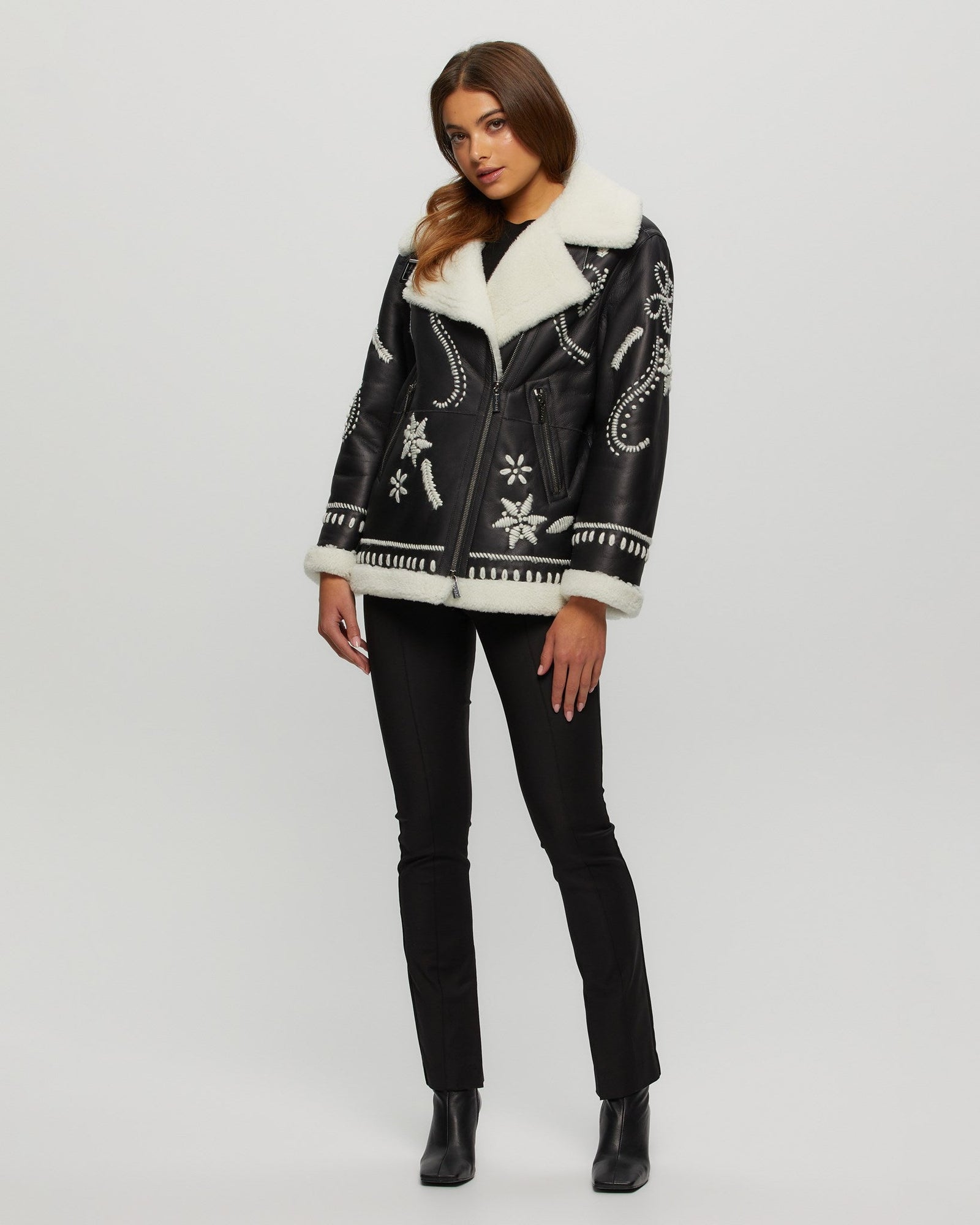 Merino Shearling Lamb Zip Jacket With Wool Embroidery | Women | Black x White