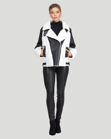 Merino Shearling Lamb Zip Moto Jacket | Women | Black x White