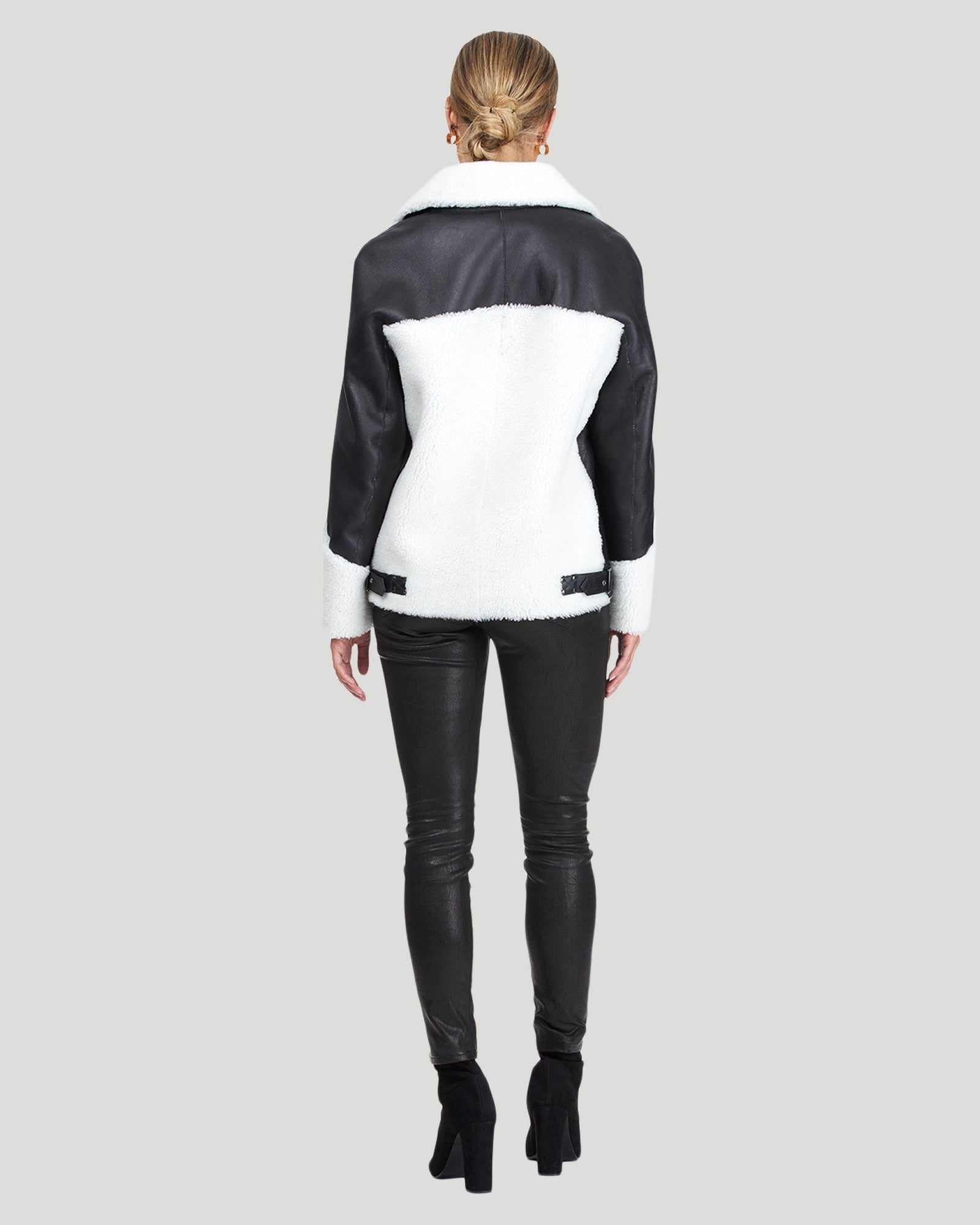 Merino Shearling Lamb Zip Moto Jacket | Women | Black x White