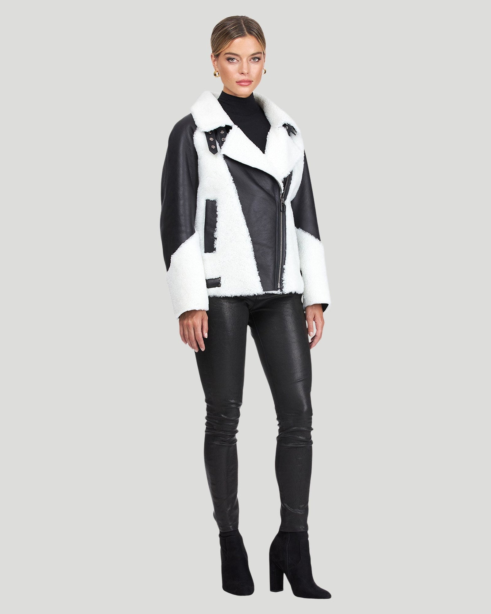 Merino Shearling Lamb Zip Moto Jacket | Women | Black x White