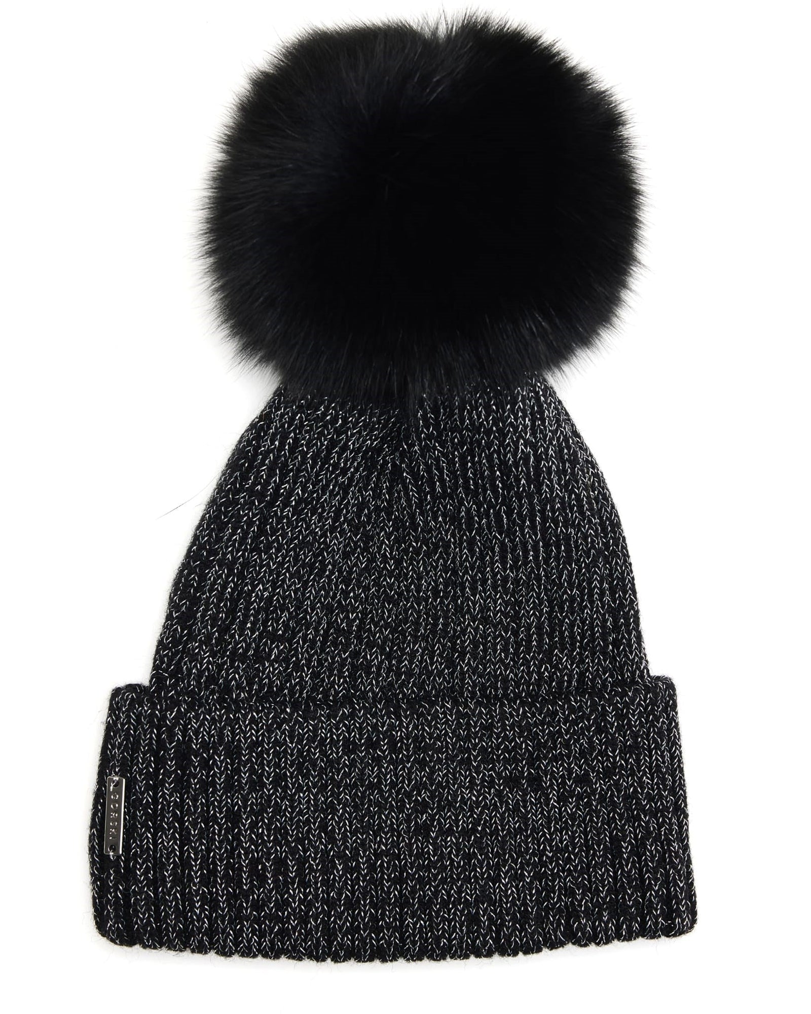 Metallic Wool Blend Knit Hat With Toscana Shearling Lamb Pompom | Women | Black x Silver x Black (V1)