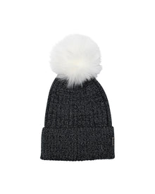 Metallic Wool Blend Knit Hat With Toscana Shearling Lamb Pompom | Women | Black x White