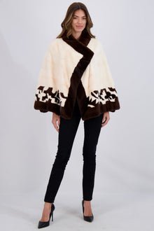 Mink Asymmetric Jacket With Stand Collar, Intarsia Detail | Women | Crystal Beige x Dark Brown