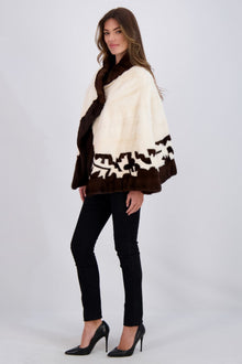 Mink Asymmetric Jacket With Stand Collar, Intarsia Detail | Women | Crystal Beige x Dark Brown