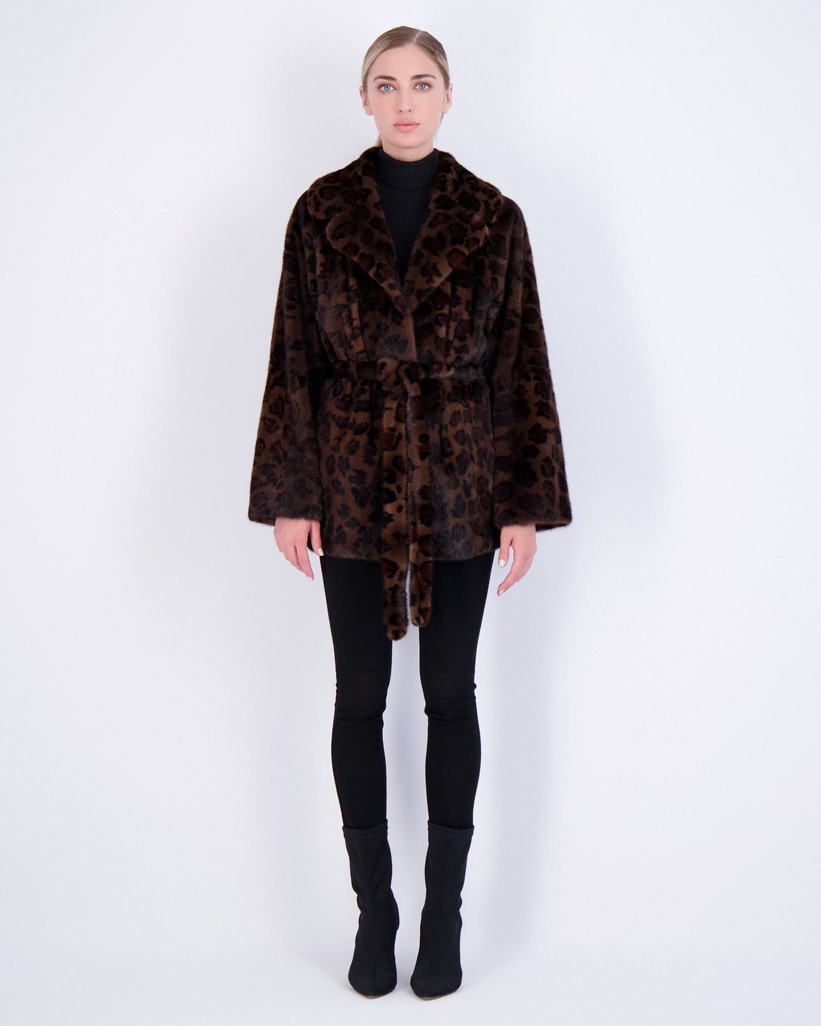 Mink Jacket With Belt | Women | Brown Animal Print (V2)