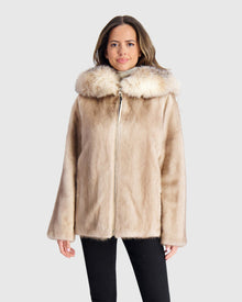 Mink Jacket With Fox Hood Trim | Silver Blue/Mocha