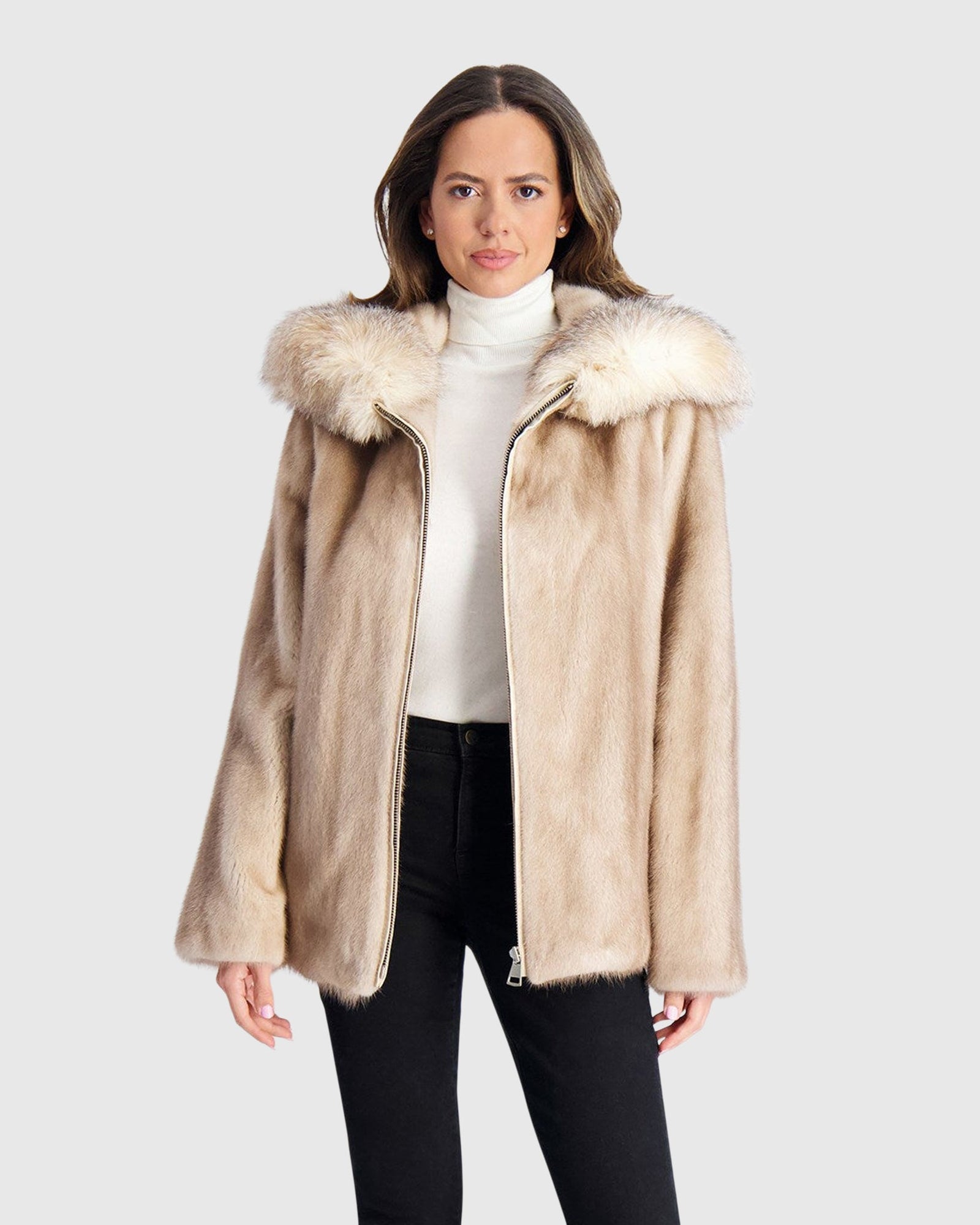 Mink Jacket With Fox Hood Trim | Silver Blue/Mocha