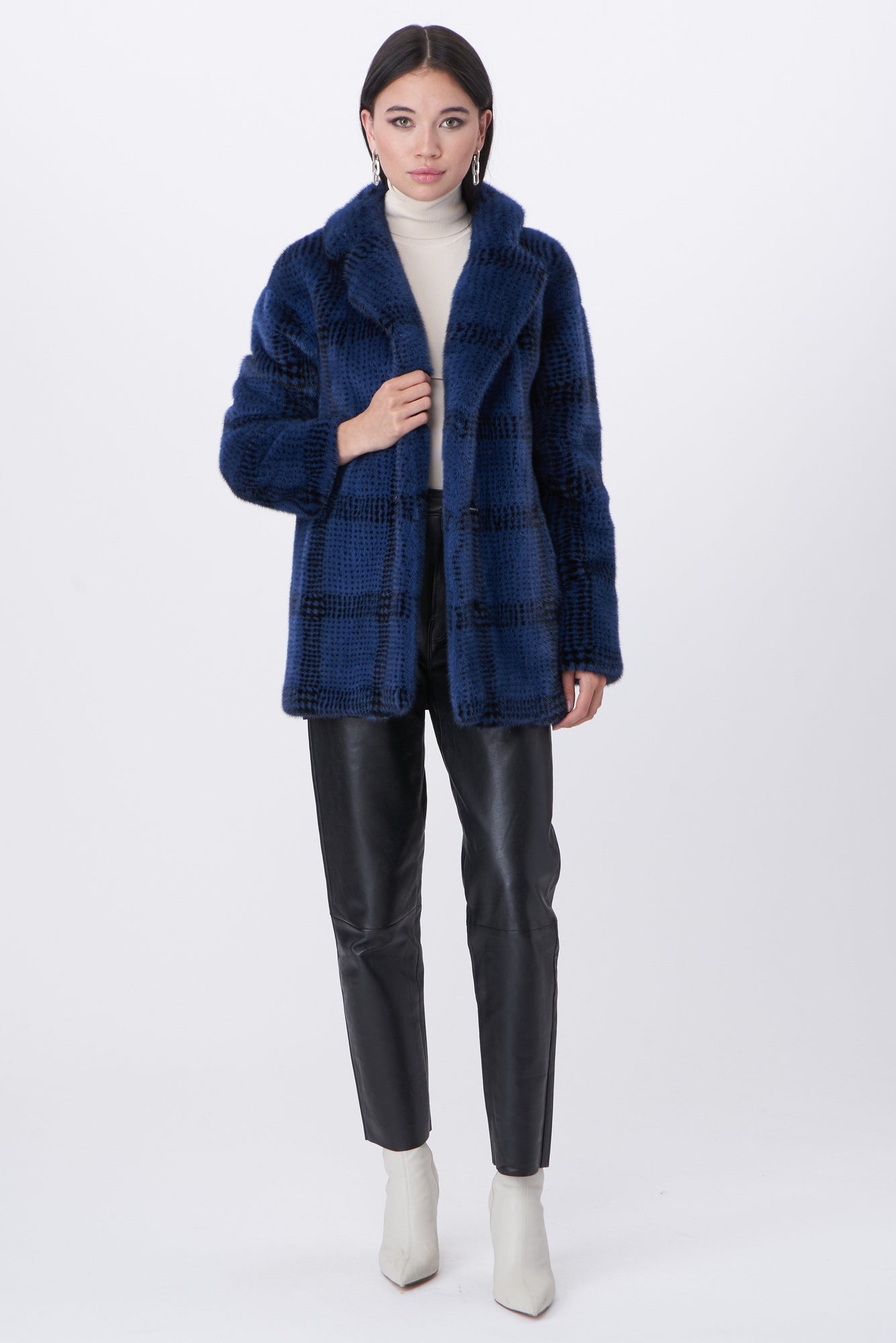 Mink Jacket With Notch Collar | Women | Blue Plaid x Black