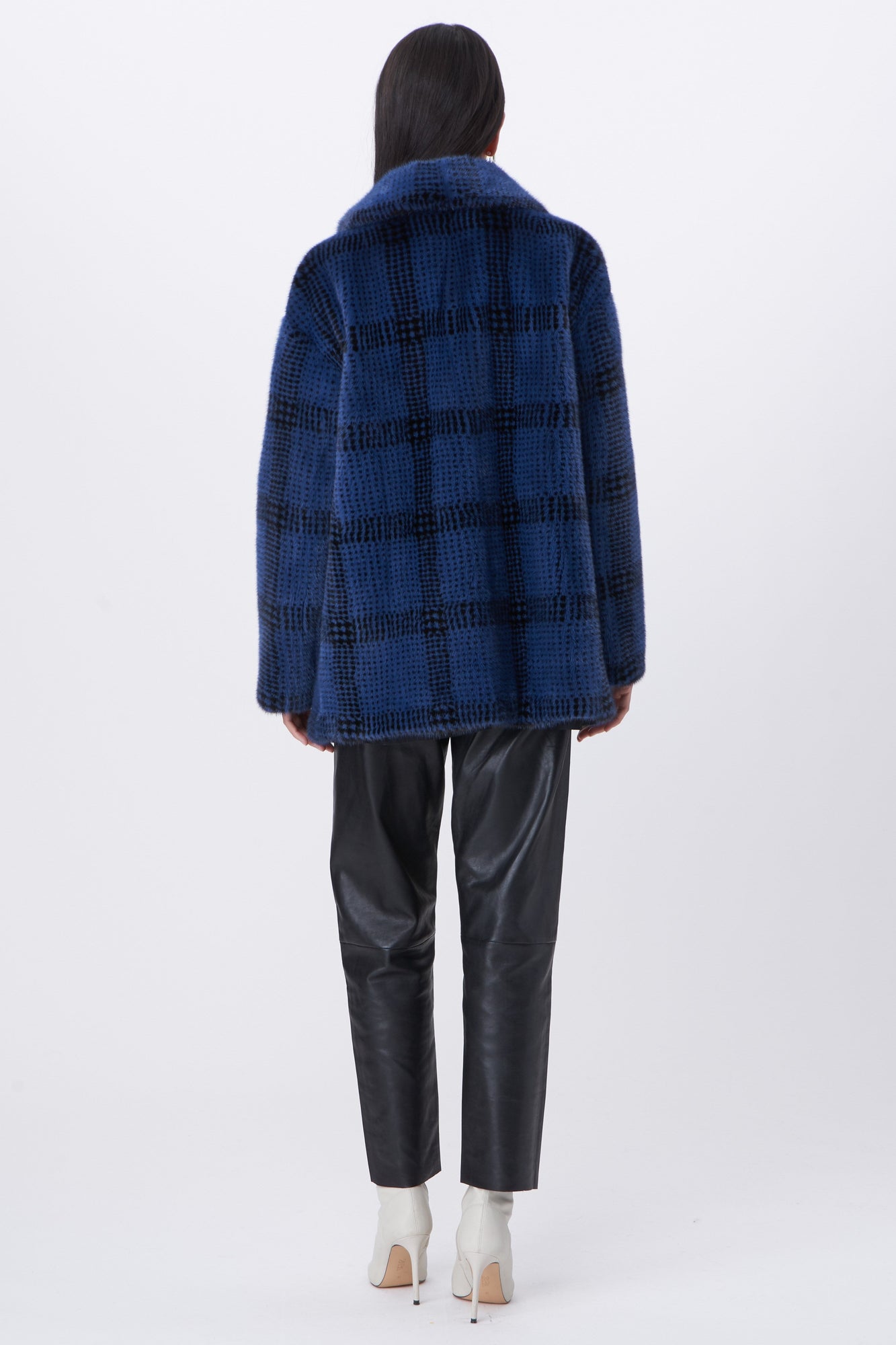 Mink Jacket With Notch Collar | Women | Blue Plaid x Black