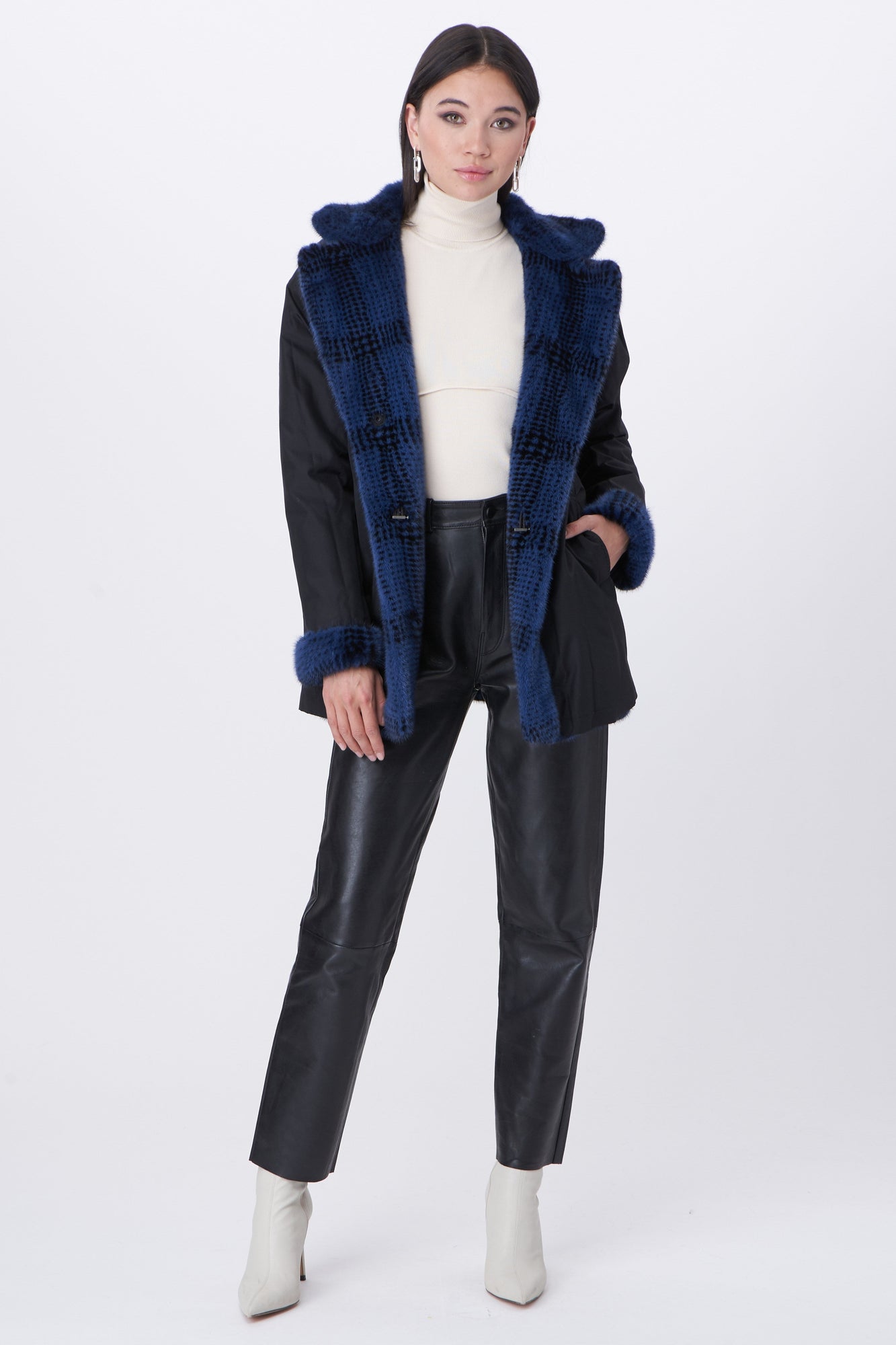 Mink Jacket With Notch Collar | Women | Blue Plaid x Black