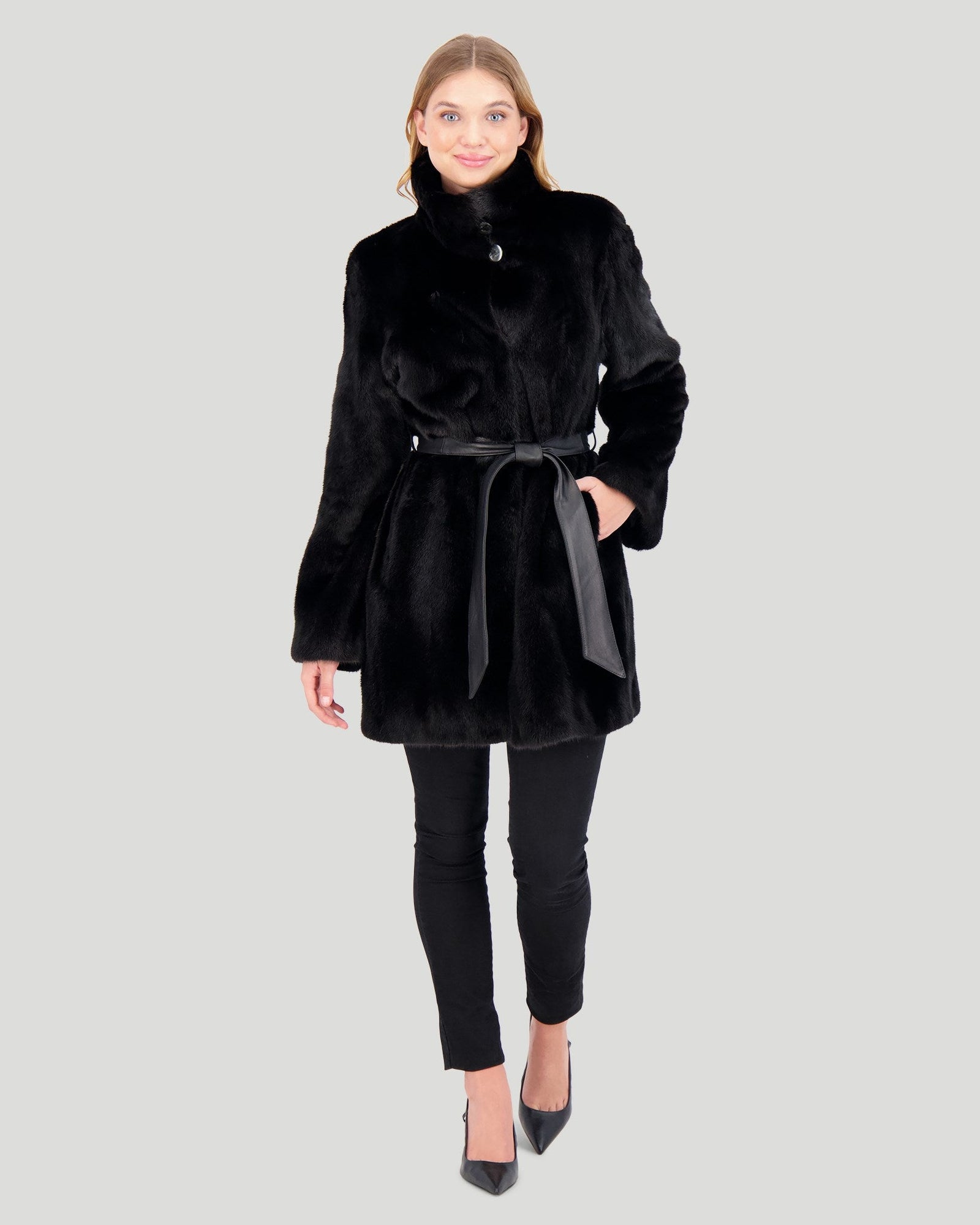 Mink Jacket With Stand Up Collar And Leather Belt | Women | Black