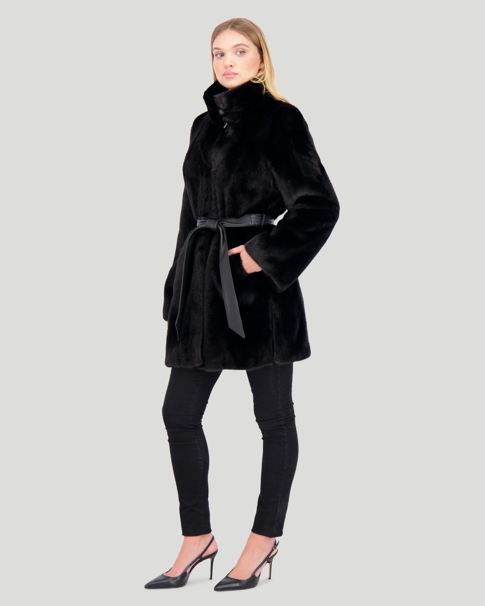 Mink Jacket With Stand Up Collar And Leather Belt | Women | Black