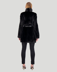 Mink Jacket With Stand Up Collar And Leather Belt | Women | Black