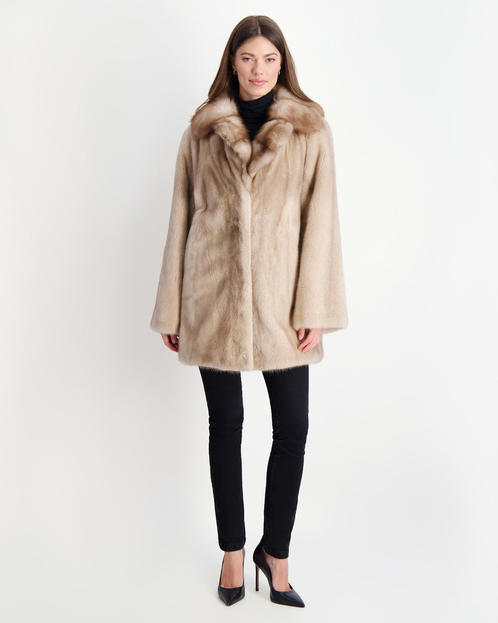 Mink Jacket With Stone Marten Collar | Women | Silver Blue x Mocha