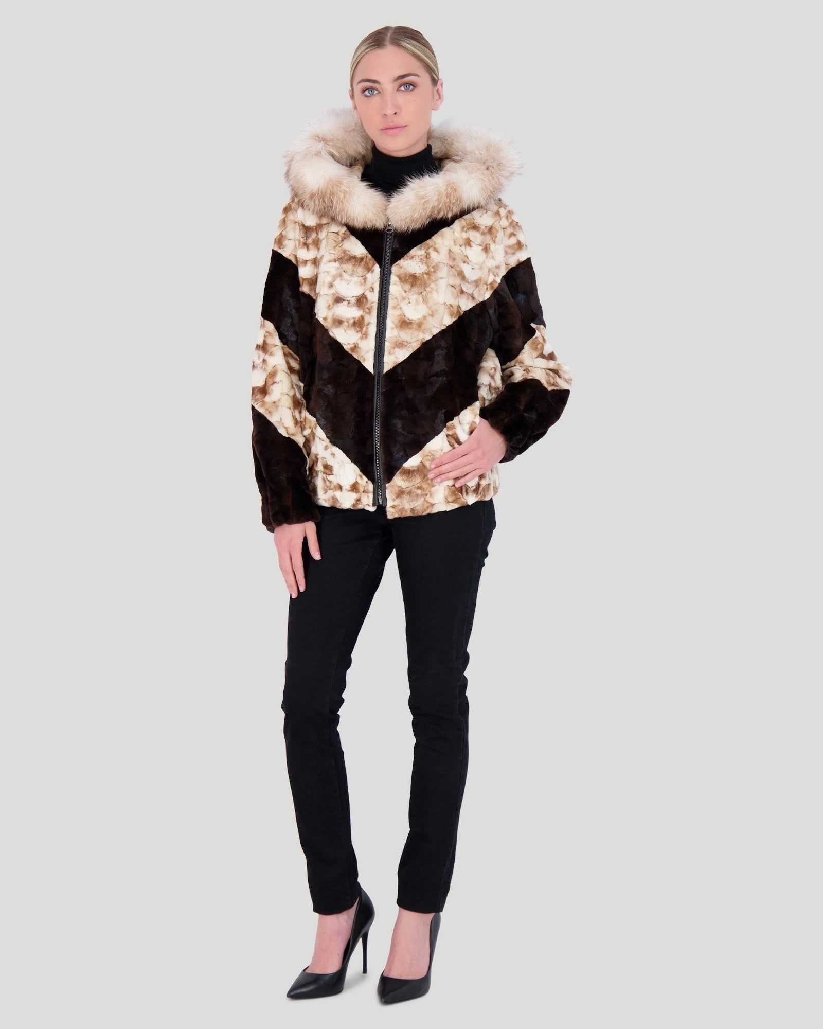 Mink Sections Jacket With Hood | Women | Brown x Gold White