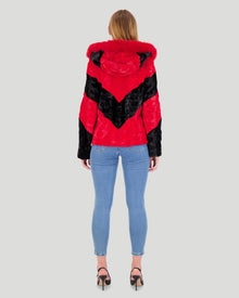 Mink Sections Jacket With Hood | Women | Red x Black