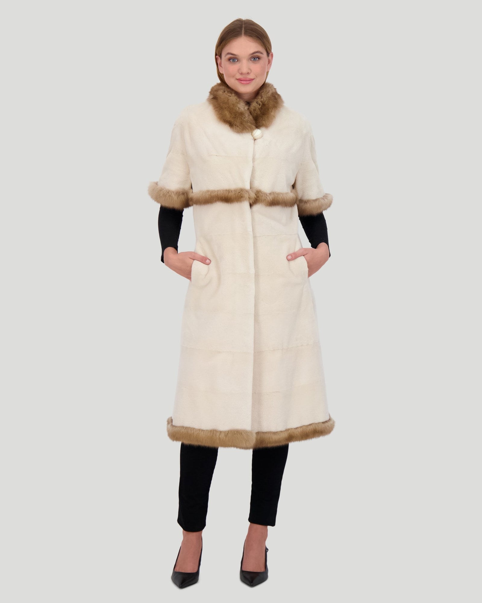 Mink Short Coat With Sable Trim, Short Sleeves | Women | Pearl