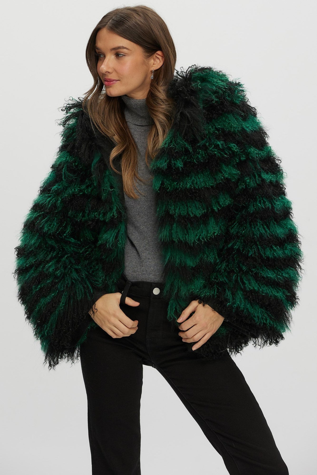 Mongolian (Tg) Shearling Lamb Jacket Reversible To Loro Piana Cashmere & Wool | Women | Green x Black