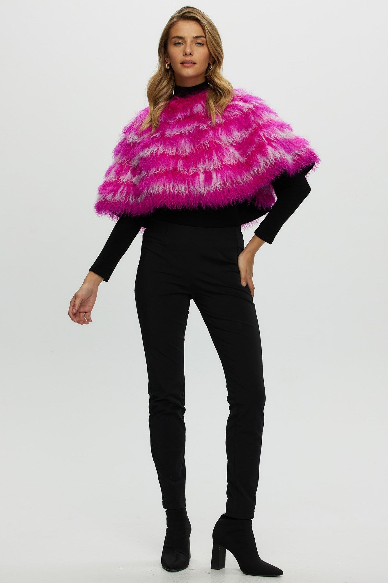 Mongolian (Tg) Shearling Lamb Stole Reversible To Loro Piana Cashmere & Wool | Women | Fuschia x White x Black