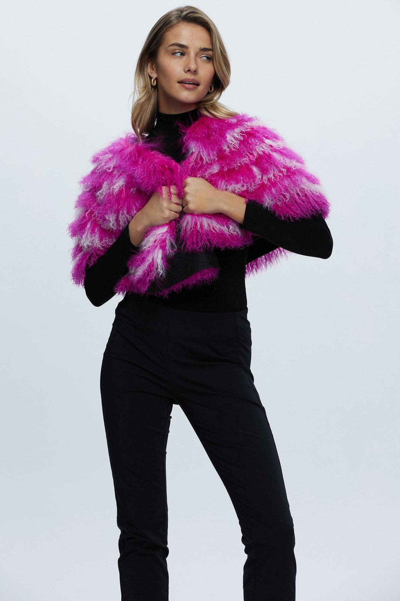 Mongolian (Tg) Shearling Lamb Stole Reversible To Loro Piana Cashmere & Wool | Women | Fuschia x White x Black