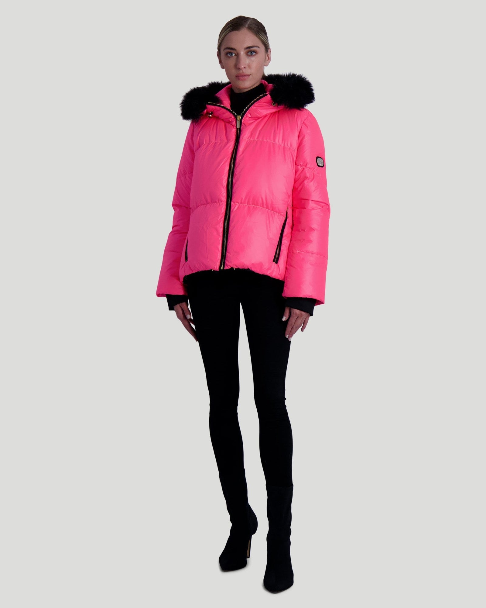 Après-Ski Jacket With Detachable Toscana Shearling Lamb Hood Trim | Women | Neon Pink x Black