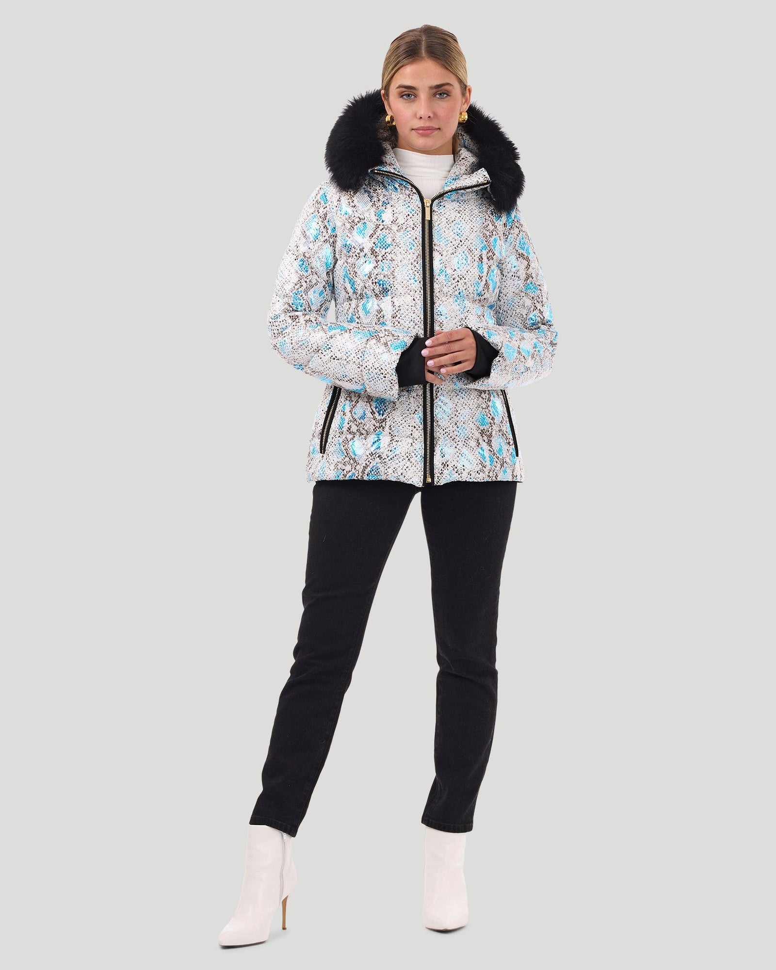 Printed Après-Ski Jacket With Detachable Toscana Shearling Lamb Hood Trim | Women | Blue Snk x Black