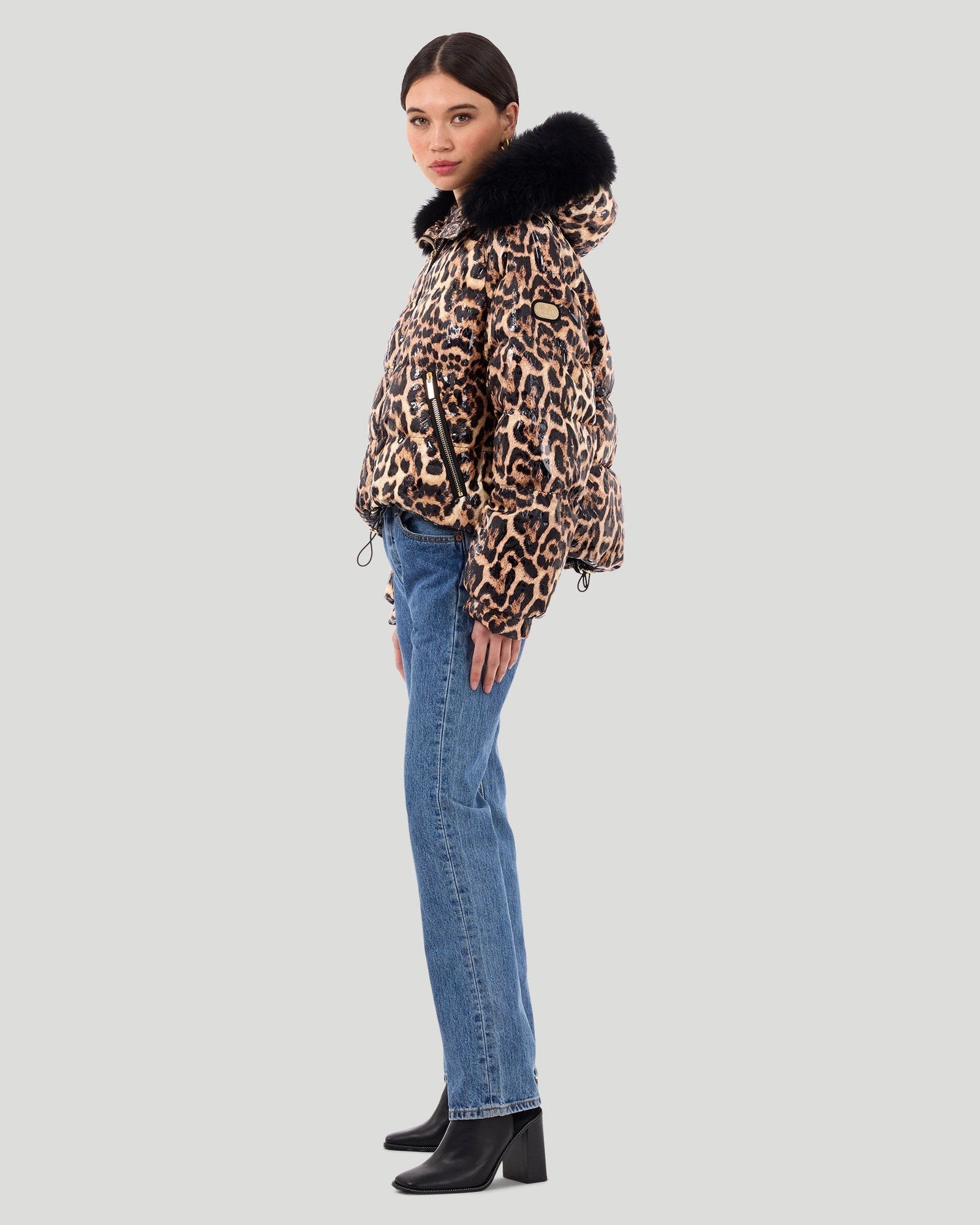 Printed Après-Ski Jacket With Detachable Toscana Shearling Lamb Hood Trim | Women | Brown Leopard x Black