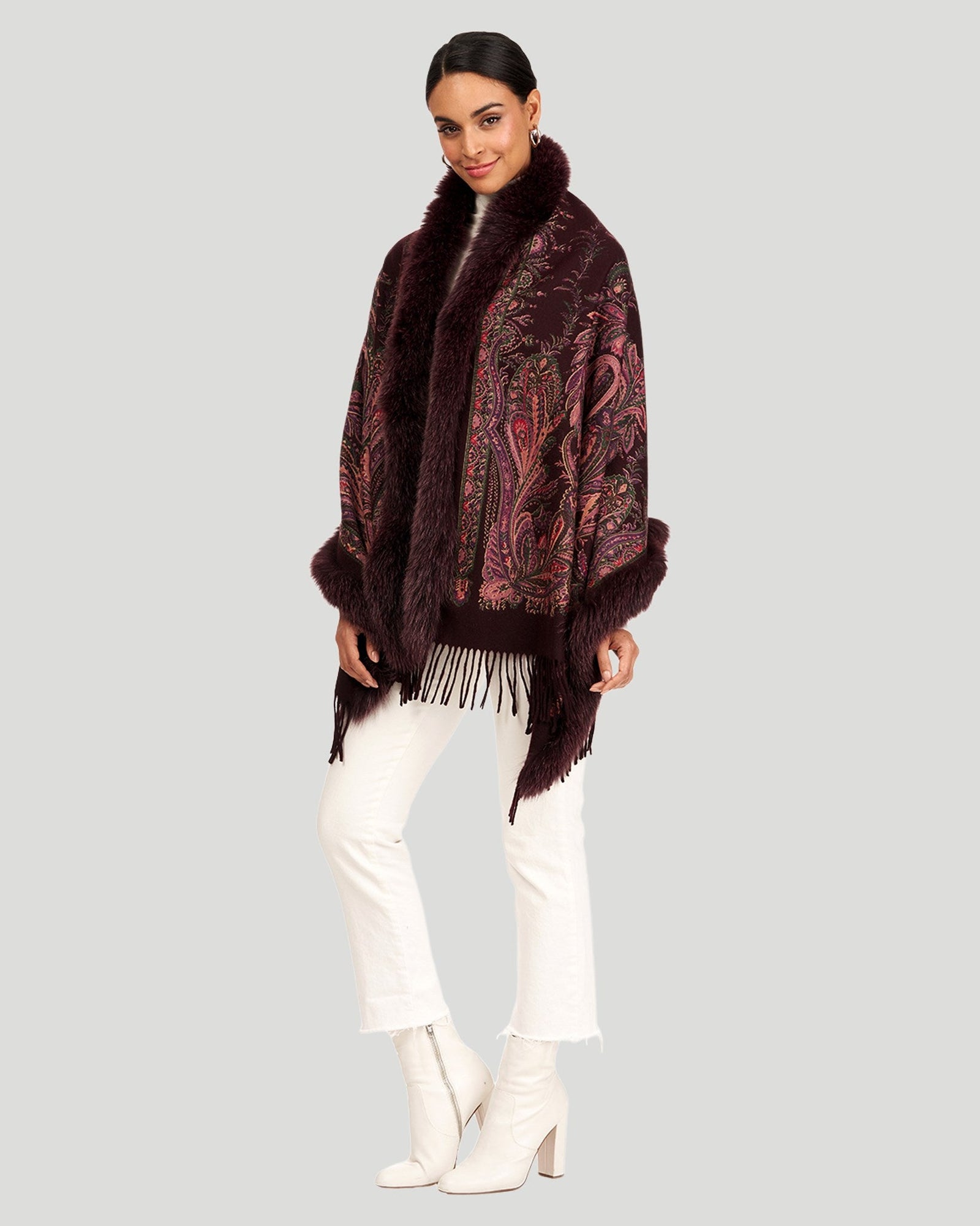 Printed Cashmere Stole With Fox Tape Top And Bottom | Women | Wine Paisley