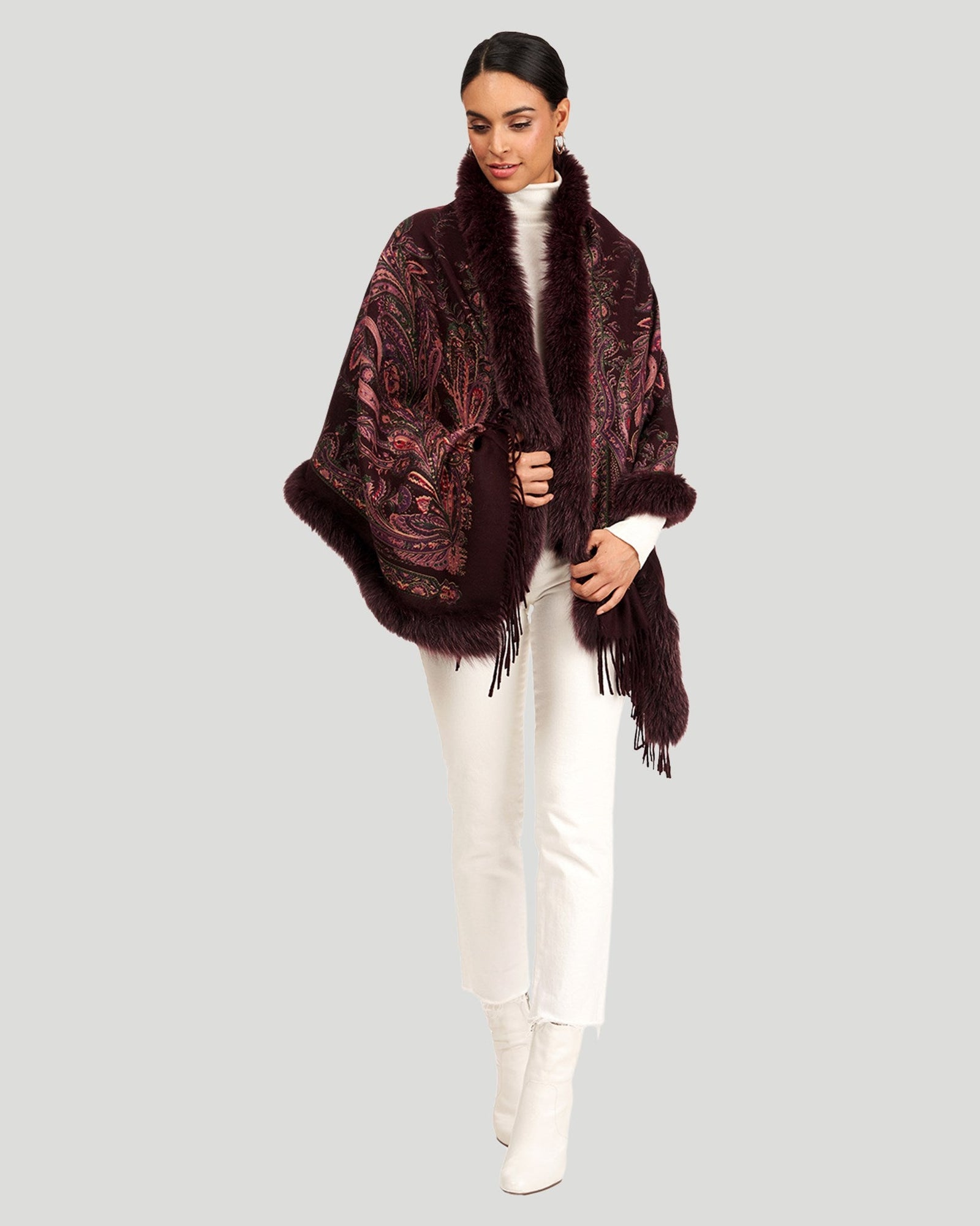 Printed Cashmere Stole With Fox Tape Top And Bottom | Women | Wine Paisley