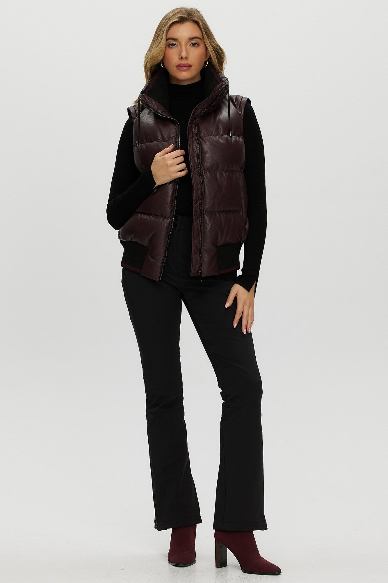 Quilted Leather Jacket With Detachable Fabric Sleeves | Women | Burgundy