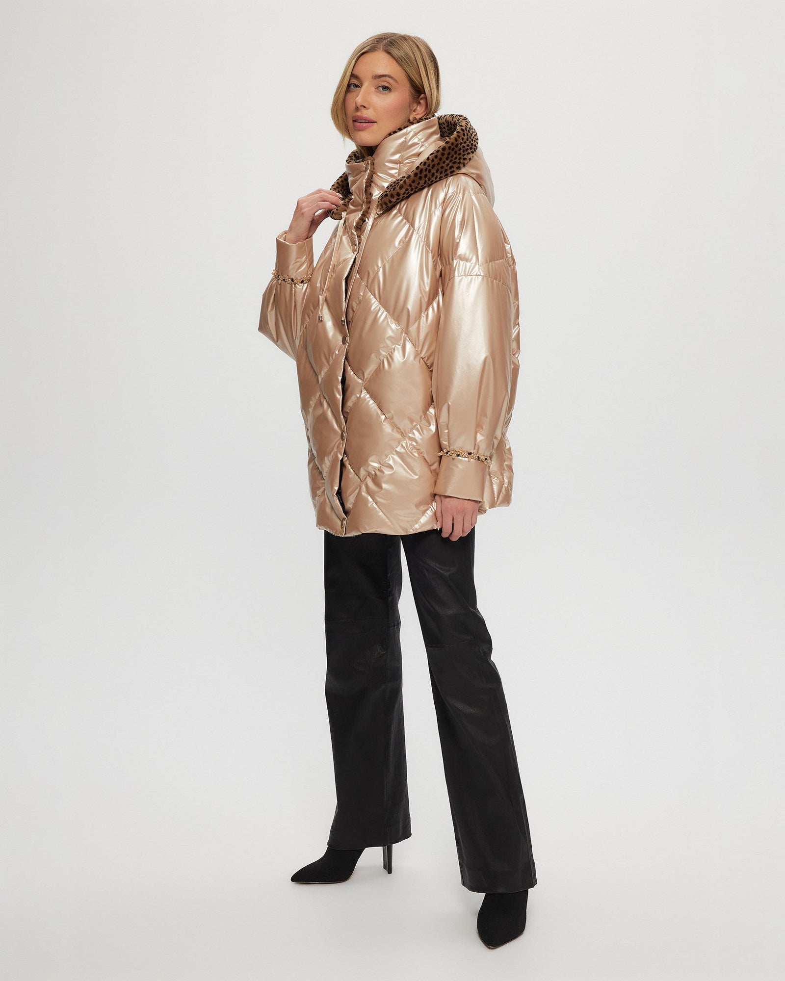 Quilted Parka With Shearling Lamb Collar & Hood Trim | Women | Rose Gold x Spot Print