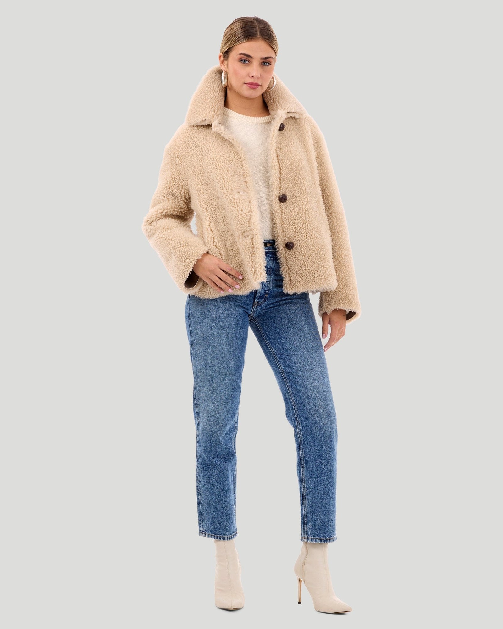 Reversible Long Hair Shearling Lamb Jacket | Women | Beige x Beige