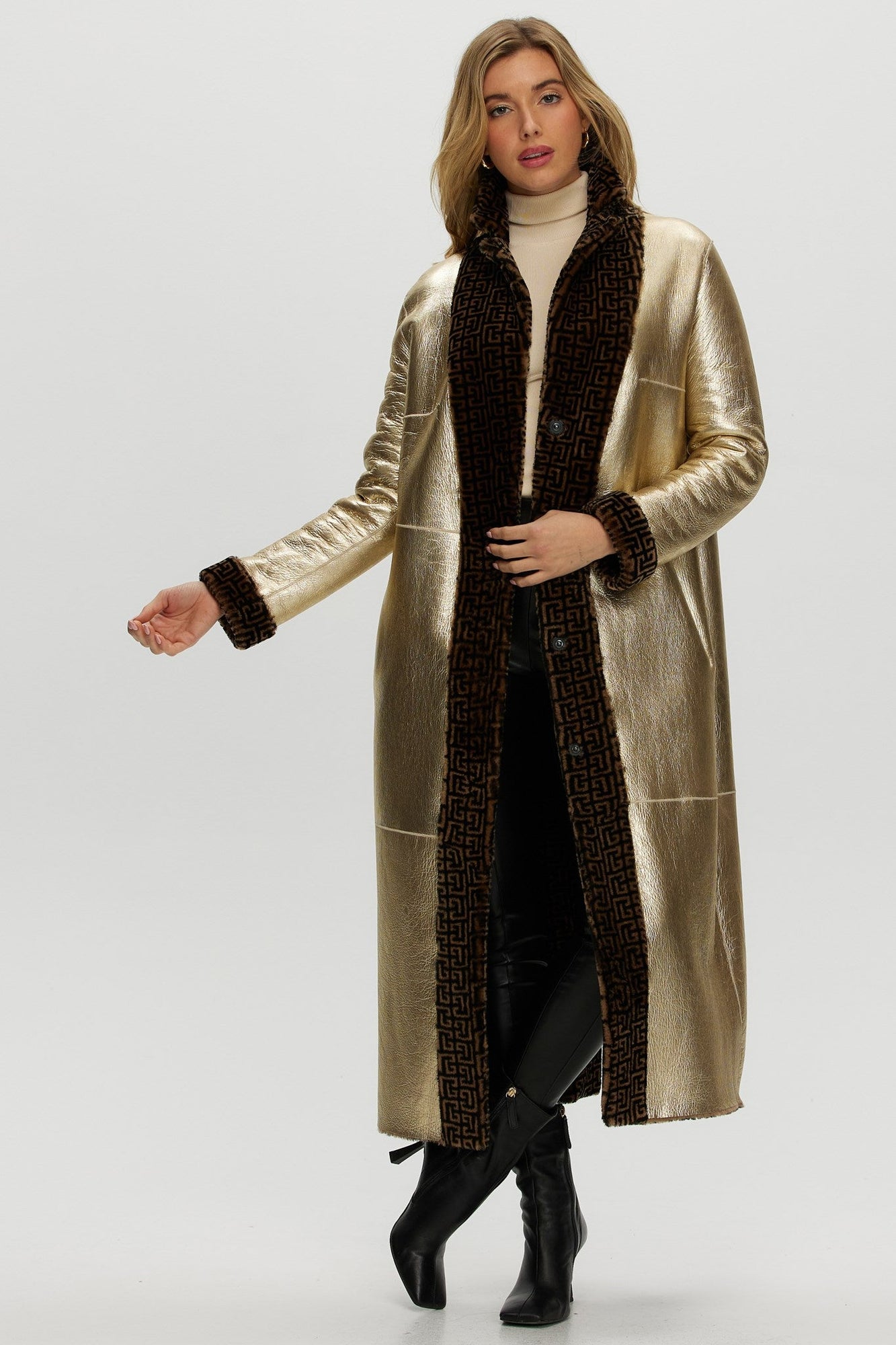 Reversible Merino Shearling Lamb Coat | Women | Brown x Black Print