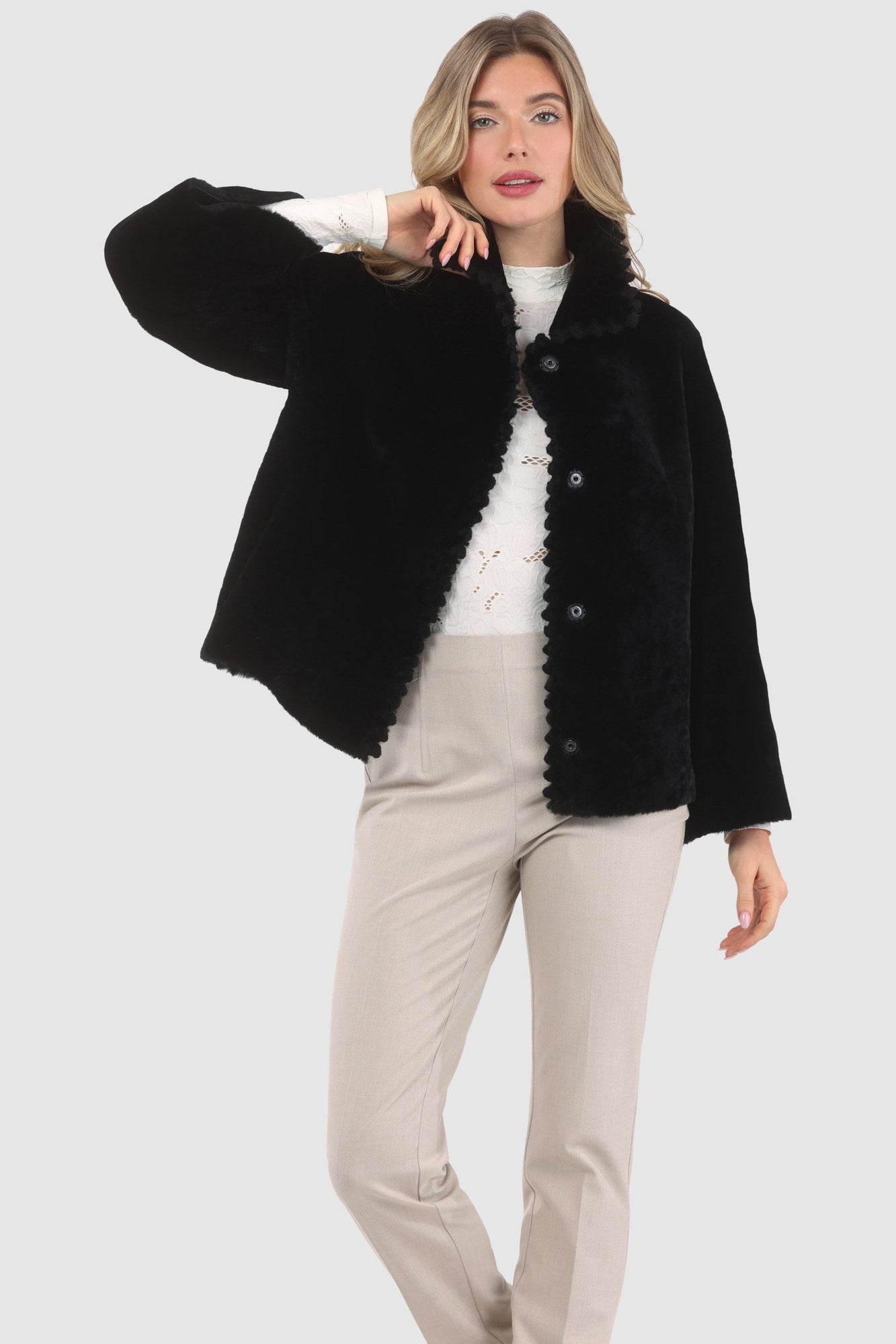 Reversible Select Shearling Jacket With Embroiderd Trim | Women | Black x Black