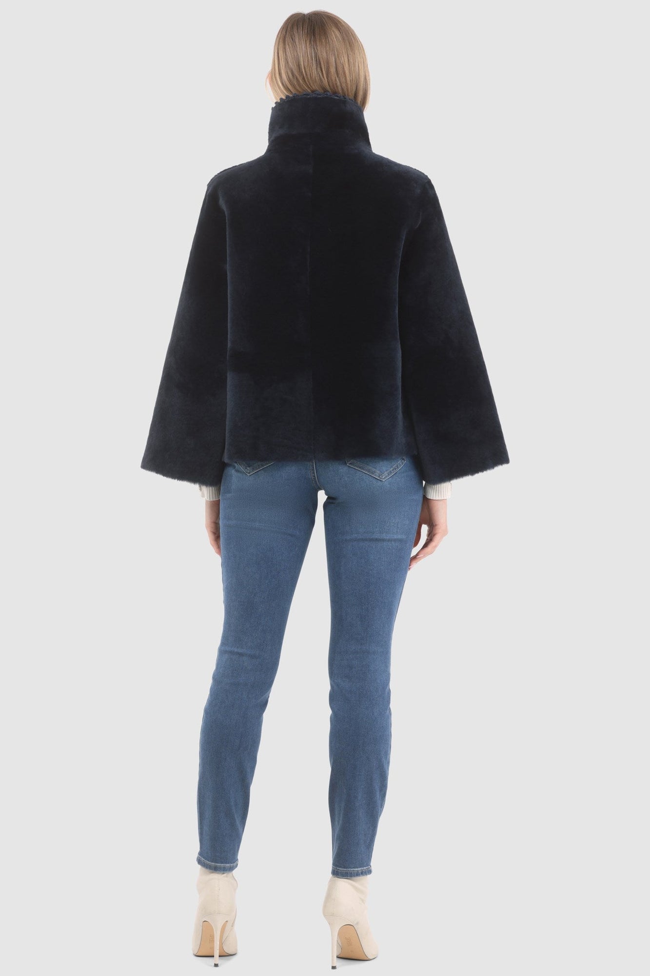 Reversible Select Shearling Jacket With Embroiderd Trim | Women | Navy x Navy