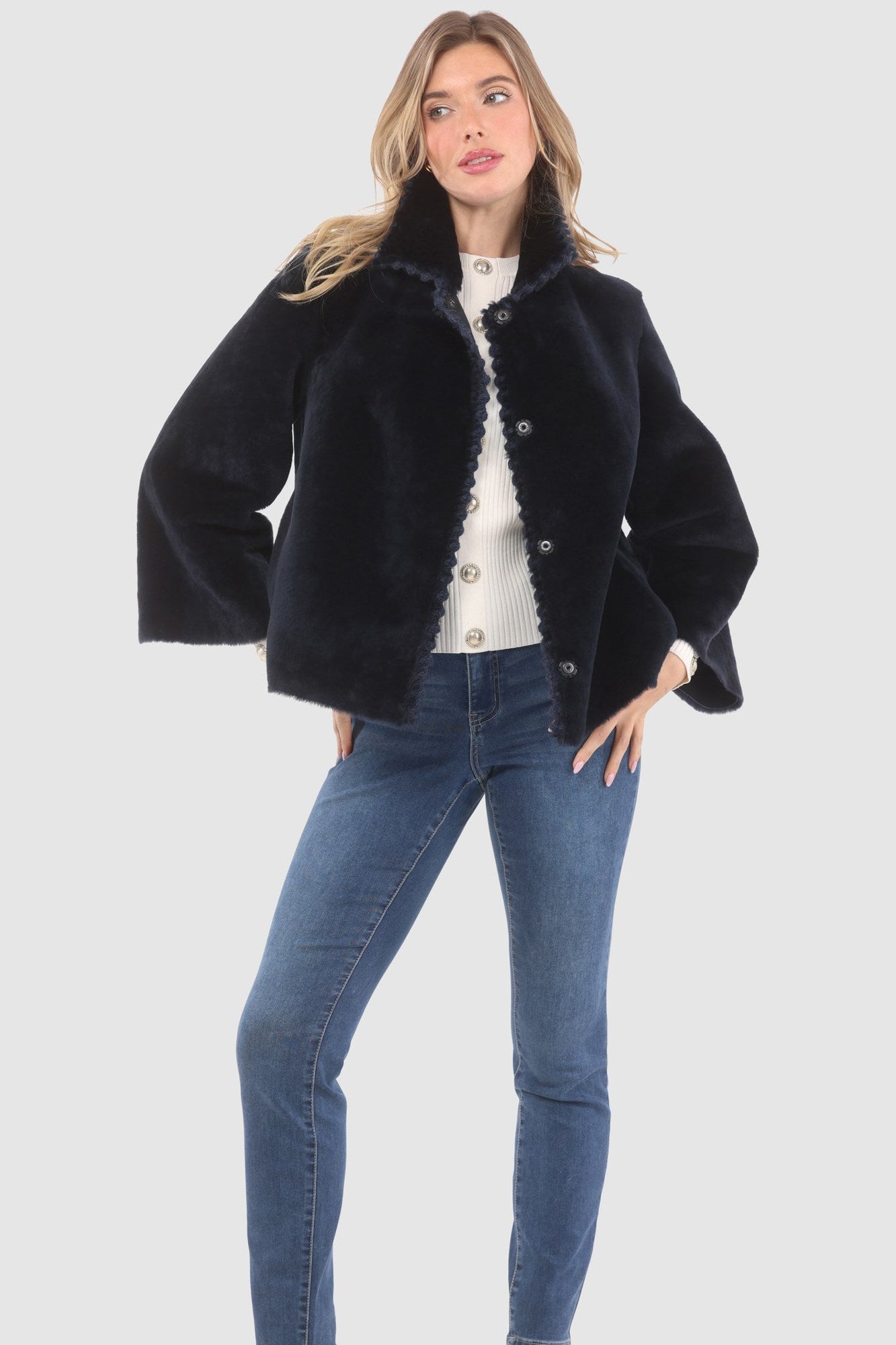 Reversible Select Shearling Jacket With Embroiderd Trim | Women | Navy x Navy